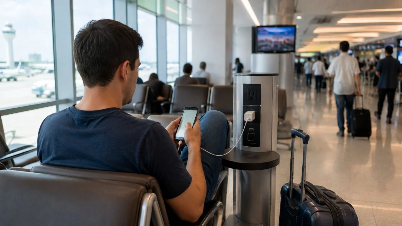 Traveler using phone while charging at MIA Airport